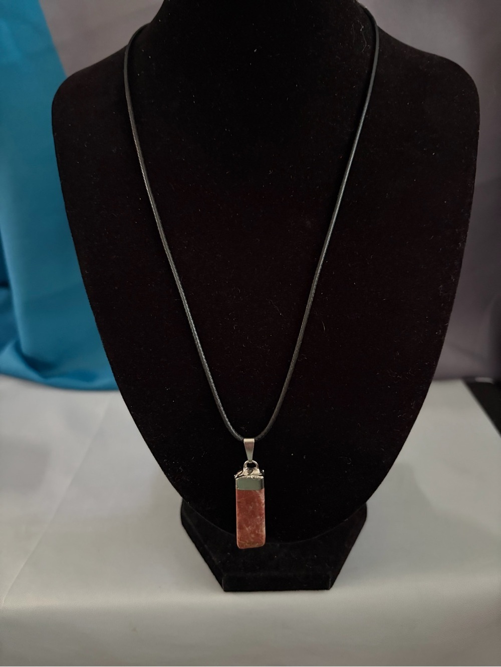 Craft Pink Jasper Rectangular Pendant Necklace on Black Cord